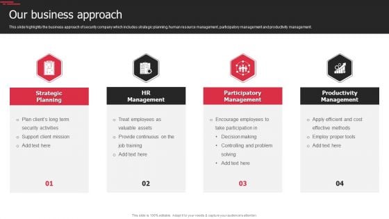 Security Agency Business Profile Our Business Approach Diagrams PDF