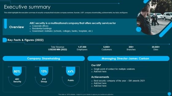 Security And Human Resource Services Business Profile Executive Summary Infographics PDF