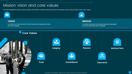 Security And Human Resource Services Business Profile Mission Vision And Core Values Pictures PDF Security And Human Resource Services Business Profile Mission Vision And Core Values Pictures PDF