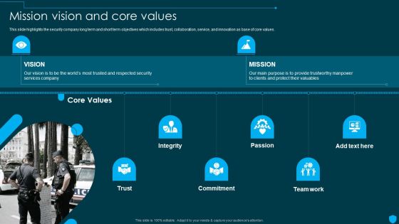 Security And Human Resource Services Business Profile Mission Vision And Core Values Pictures PDF