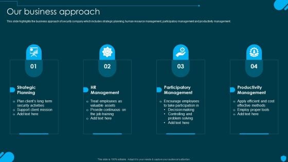 Security And Human Resource Services Business Profile Our Business Approach Diagrams PDF Security And Human Resource Services Business Profile Our Business Approach Diagrams PDF