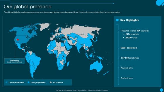 Security And Human Resource Services Business Profile Our Global Presence Graphics PDF