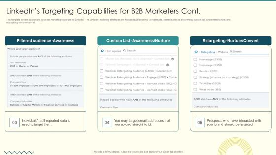 Security And Performance Digital Marketing Linkedins Targeting Capabilities For B2B Marketers Cont Graphics PDF