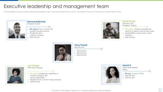 Security And Surveillance Company Profile Executive Leadership And Management Team Demonstration PDF