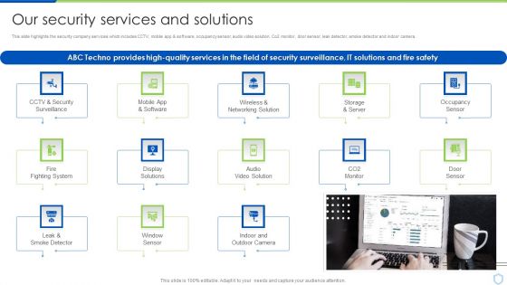 Security And Surveillance Company Profile Our Security Services And Solutions Icons PDF