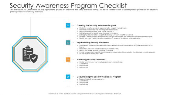 Security Awareness Program Checklist Hacking Prevention Awareness Training For IT Security Background PDF