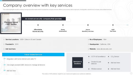 Security Camera System Company Profile Company Overview With Key Services Icons PDF