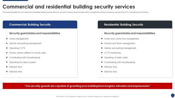 Security Officer Service Company Profile Commercial And Residential Building Security Services Clipart PDF