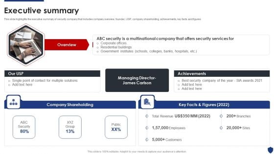 Security Officer Service Company Profile Executive Summary Ppt PowerPoint Presentation Gallery Samples PDF