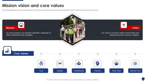 Security Officer Service Company Profile Mission Vision And Core Values Sample PDF