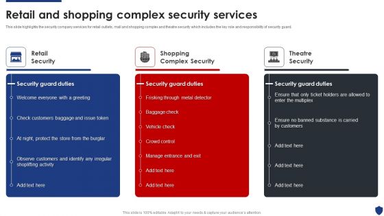 Security Officer Service Company Profile Retail And Shopping Complex Security Services Summary PDF