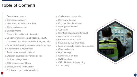 Security Officer Service Company Profile Table Of Contents Ppt PowerPoint Presentation Gallery Influencers PDF Security Officer Service Company Profile Table Of Contents Ppt PowerPoint Presentation Gallery Influencers PDF