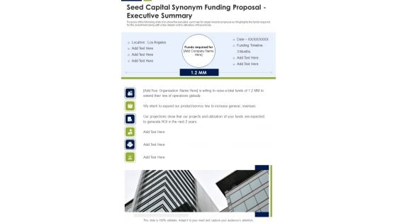 Seed Capital Synonym Funding Proposal Executive Summary One Pager Sample Example Document