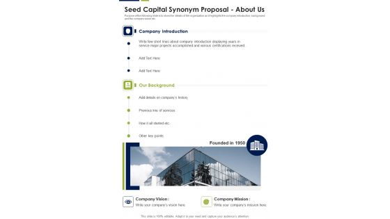 Seed Capital Synonym Proposal About Us One Pager Sample Example Document