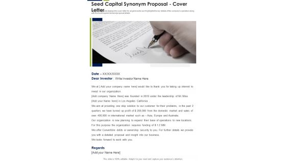 Seed Capital Synonym Proposal Cover Letter One Pager Sample Example Document