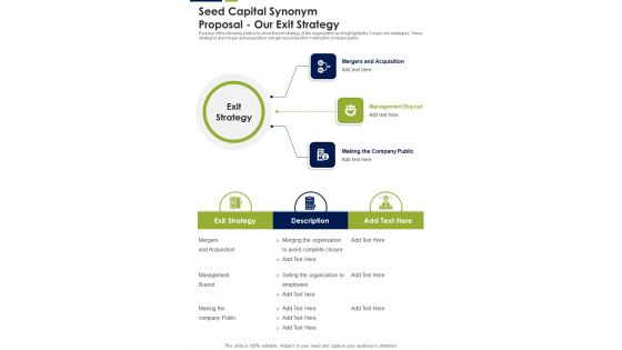 Seed Capital Synonym Proposal Our Exit Strategy One Pager Sample Example Document Seed Capital Synonym Proposal Our Exit Strategy One Pager Sample Example Document