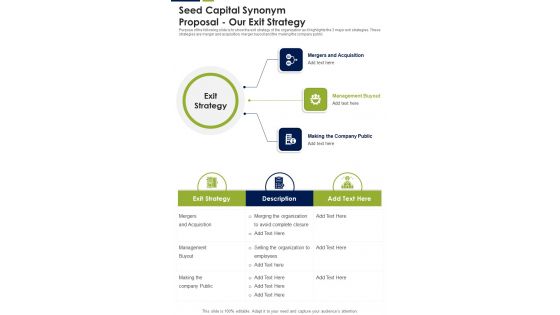 Seed Capital Synonym Proposal Our Exit Strategy One Pager Sample Example Document