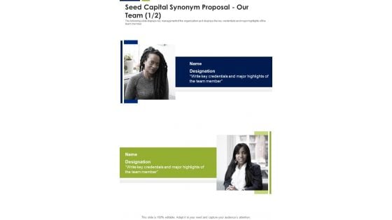 Seed Capital Synonym Proposal Our Team One Pager Sample Example Document Seed Capital Synonym Proposal Our Team One Pager Sample Example Document