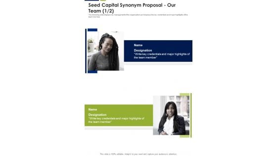 Seed Capital Synonym Proposal Our Team One Pager Sample Example Document