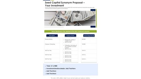 Seed Capital Synonym Proposal Your Investment One Pager Sample Example Document