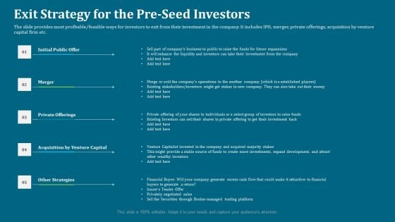 Seed Funding Pitch Deck Exit Strategy For The Pre Seed Investors Ppt Infographic Template Layouts PDF