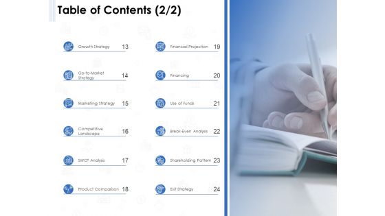 Seed Investment Table Of Contents Financing Ppt Infographics Example Topics PDF