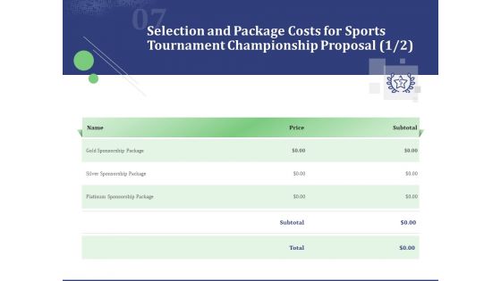 Selection And Package Costs For Sports Tournament Championship Proposal Price Ppt Summary Example File PDF