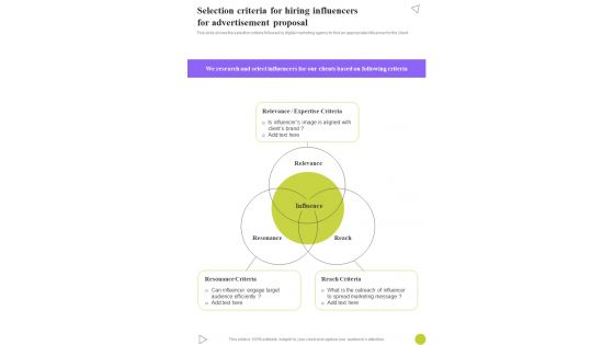 Selection Criteria For Hiring Influencers For Advertisement Proposal One Pager Sample Example Document Selection Criteria For Hiring Influencers For Advertisement Proposal One Pager Sample Example Document