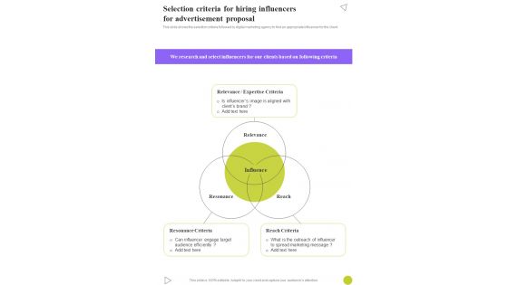 Selection Criteria For Hiring Influencers For Advertisement Proposal One Pager Sample Example Document