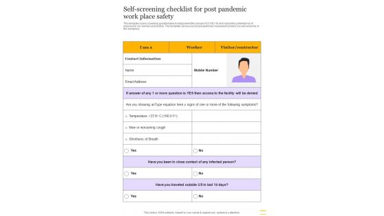 Self Screening Checklist For Post Pandemic Work Place Safety One Pager Sample Example Document