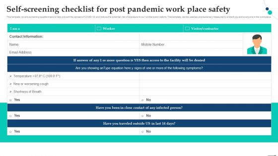 Self Screening Checklist For Post Pandemic Work Place Safety Pandemic Company Playbook Brochure PDF