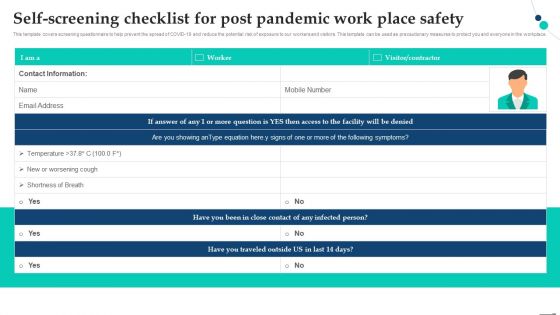 Self Screening Checklist For Post Pandemic Work Place Safety Pandemic Company Playbook Brochure PDF