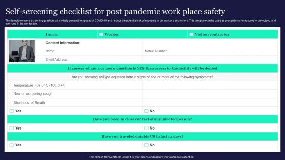 Self Screening Checklist For Post Pandemic Work Place Safety Themes PDF
