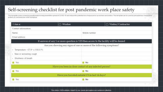 Self Screening Checklist For Post Pandemic Work Place Safety Topics PDF