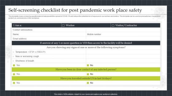 Self Screening Checklist For Post Pandemic Work Place Safety Topics PDF Self Screening Checklist For Post Pandemic Work Place Safety Topics PDF