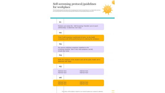 Self Screening Protocol Guidelines For Workplace Post COVID Business Strategy Framework One Pager Sample Example Document Self Screening Protocol Guidelines For Workplace Post COVID Business Strategy Framework One Pager Sample Example Document