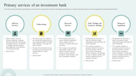 Sell Side M And A Pitchbook With Deal Overview Primary Services Of An Investment Bank Inspiration PDF