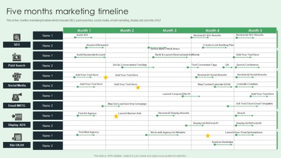 Selling App Development Launch And Marketing Five Months Marketing Timeline Brochure PDF