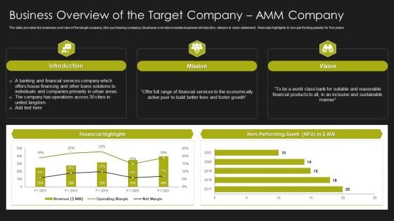 Selling Strategy And Operational Plan Business Overview Of The Target Company Amm Company Ppt Infographics Icon PDF