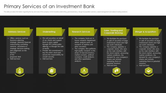 Selling Strategy And Operational Plan Primary Services Of An Investment Bank Ppt Ideas Information PDF