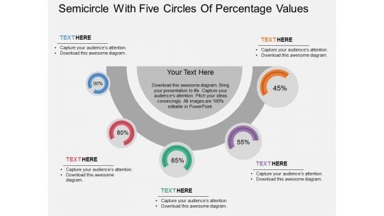 Semicircle With Five Circles Of Percentage Values Powerpoint Template
