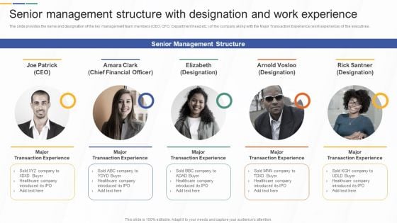 Senior Management Structure With Designation And Work Experience Investment Banking Brochure PDF