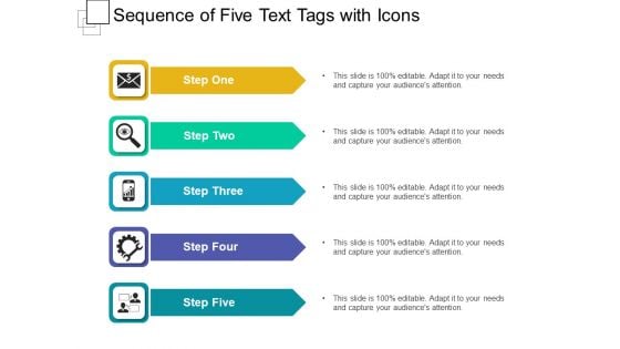 Sequence Of Five Text Tags With Icons Ppt PowerPoint Presentation Gallery Graphic Images PDF