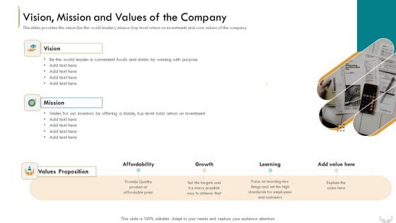 Series B Funding Investors Vision Mission And Values Of The Company Background PDF