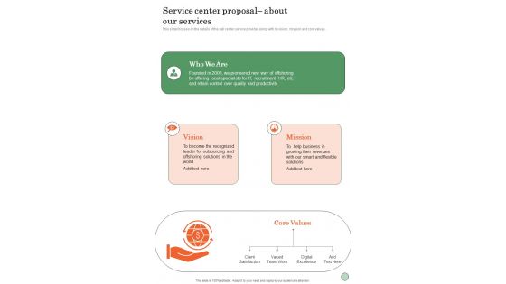 Service Center Proposal About Our Services One Pager Sample Example Document