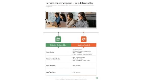 Service Center Proposal Key Deliverables One Pager Sample Example Document