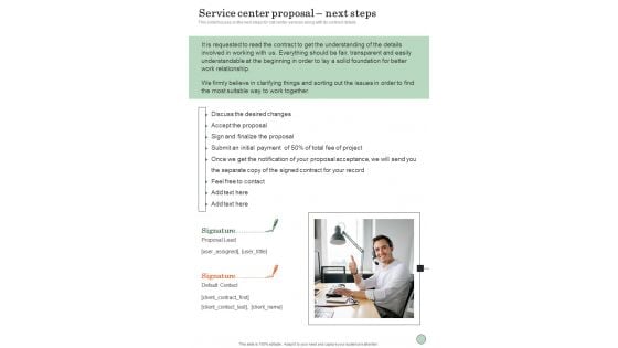 Service Center Proposal Next Steps One Pager Sample Example Document