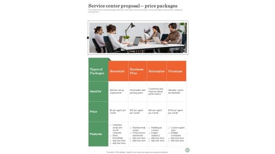 Service Center Proposal Price Packages One Pager Sample Example Document