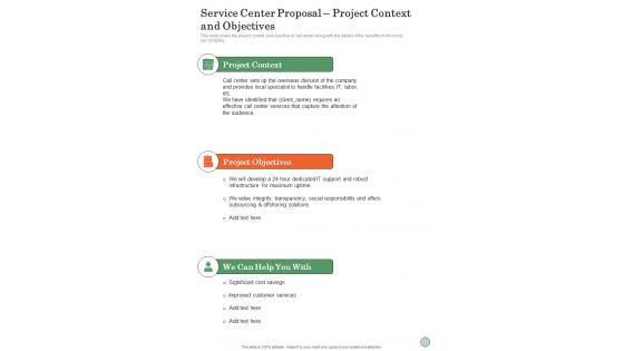 Service Center Proposal Project Context And Objectives One Pager Sample Example Document