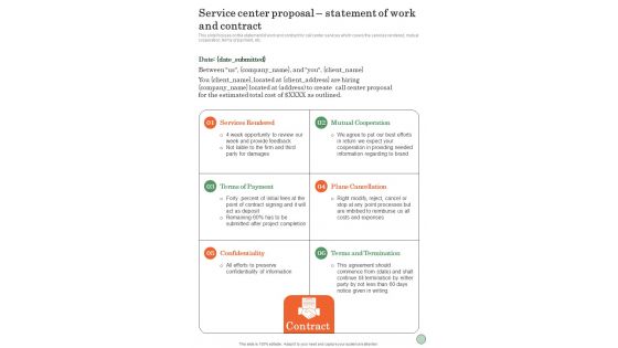 Service Center Proposal Statement Of Work And Contract One Pager Sample Example Document